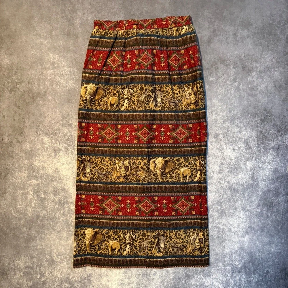 Vintage Sharon Young Sportswear Safari Animal Print Maxi Skirt Rayon Linen Sz 12